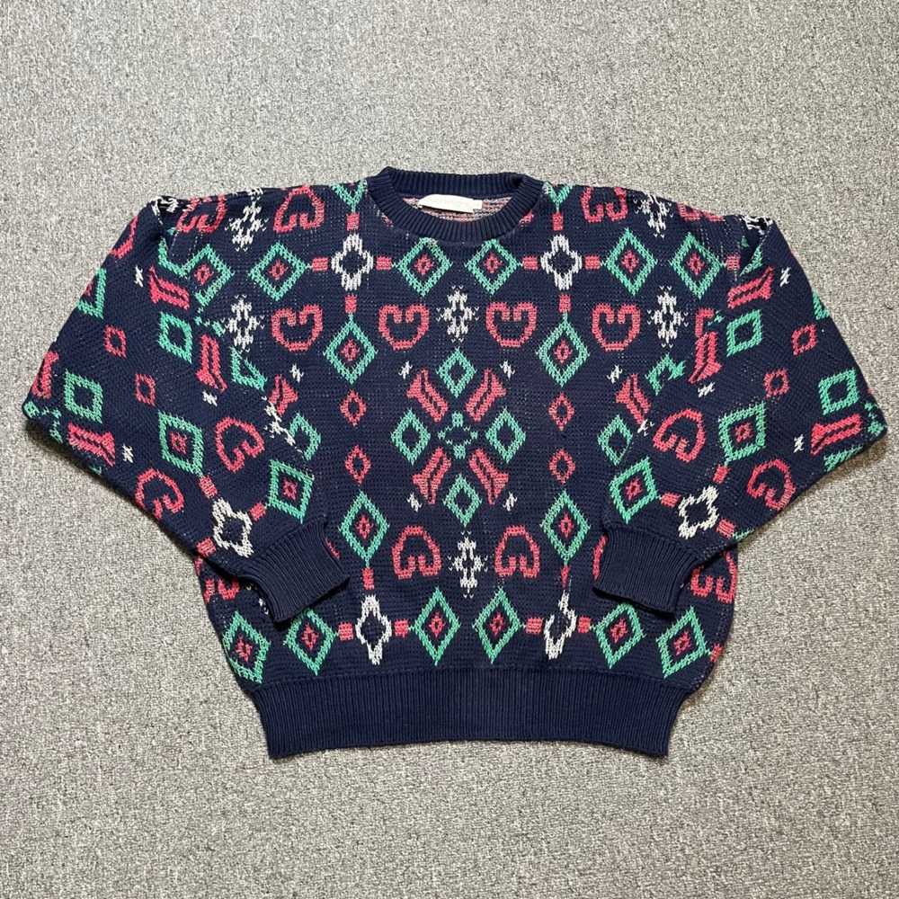 Vintage Royal Knight Navy Blue Geometric Knit Sweater Large Red‎ Green Retro